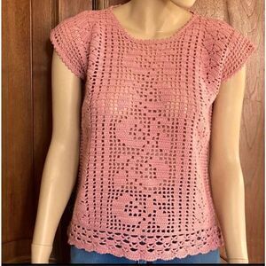 Vintage Crochet Top Pink Shirt Festival Blouse Handmade Shirt Size M